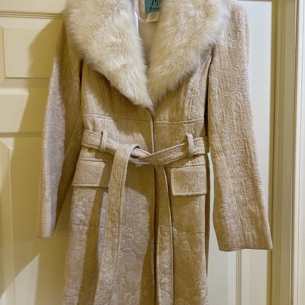 Marciano Cream Textured Trench Coat with Fur Collar